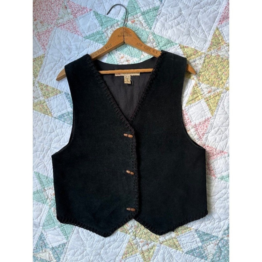 Vintage Black Suede Leather Vest Medium Toggle Button Cottagecore Peasant 90s